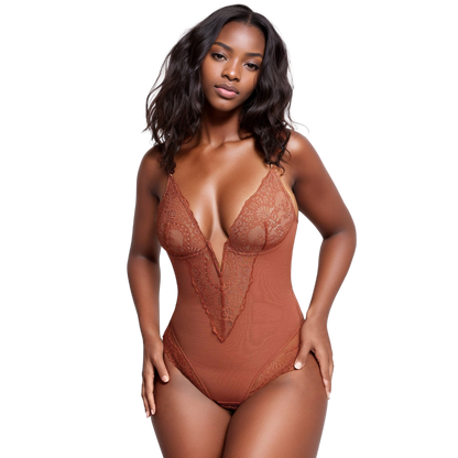 PopShape™ | String bodysuit met diepe V-hals en kant