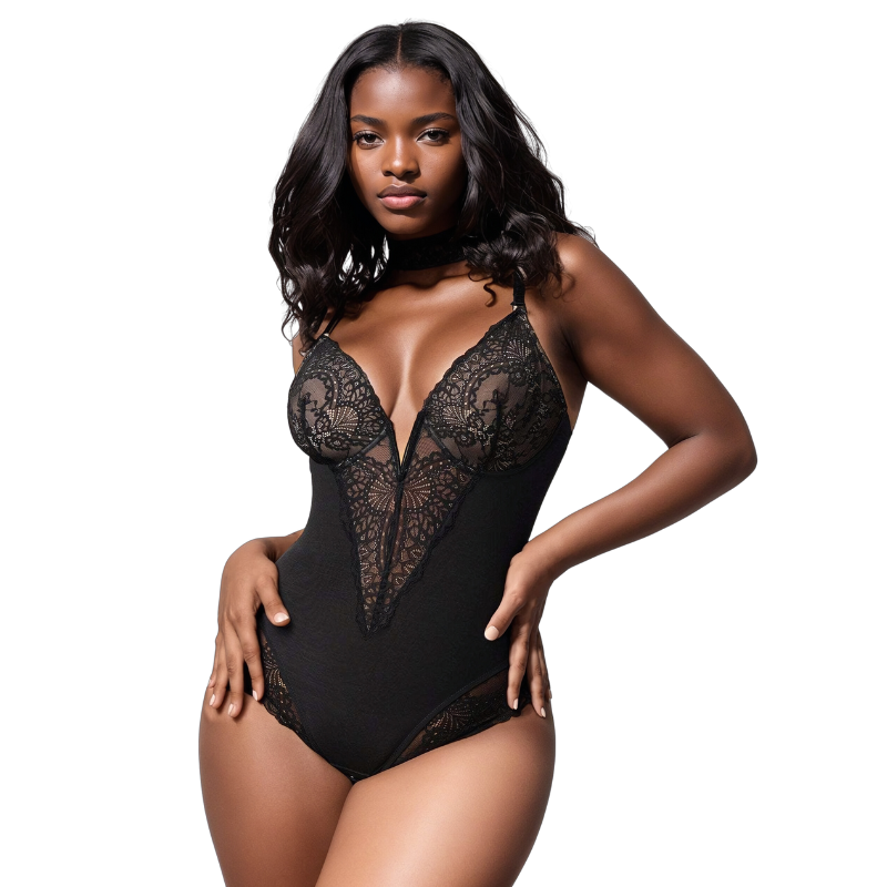 PopShape™ | String bodysuit met diepe V-hals en kant